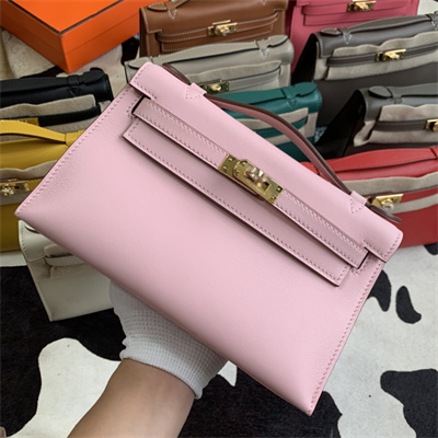 Kelly Pochette Bag Swift Leather Gold/Silver hardware In Rose Sakura Color HS