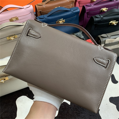 Kelly Pochette Bag Swift Leather Gold/Silver hardware In Etoupe Color HS