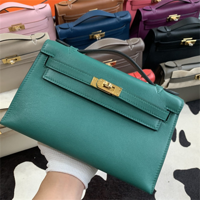 Kelly Pochette Bag Swift Leather Gold/Silver hardware In Malachite Color HS