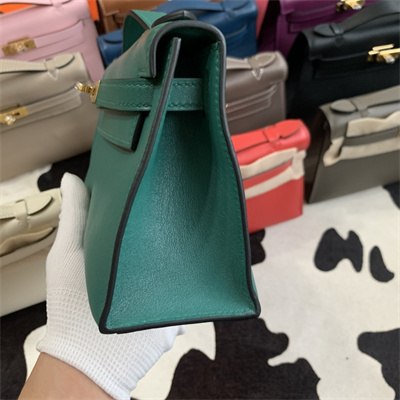 Kelly Pochette Bag Swift Leather Gold/Silver hardware In Malachite Color HS