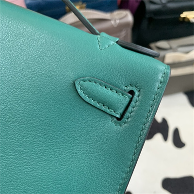 Kelly Pochette Bag Swift Leather Gold/Silver hardware In Malachite Color HS