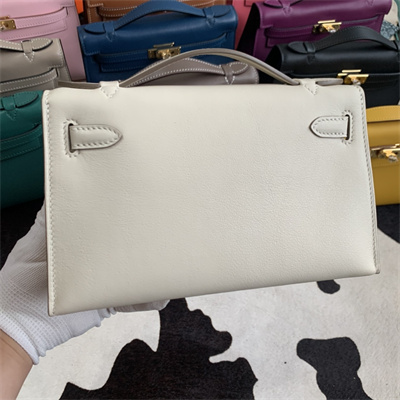 Kelly Pochette Bag Swift Leather Gold/Silver hardware In Craie Color HS