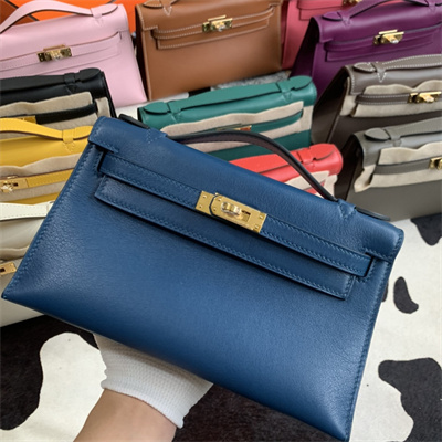 Kelly Pochette Bag Swift Leather Gold/Silver hardware In Deep Blue Color HS