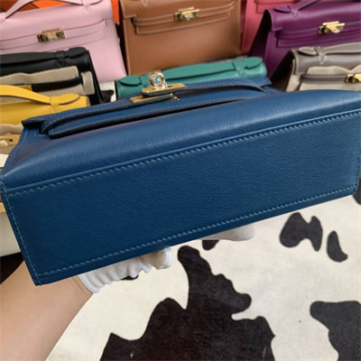 Kelly Pochette Bag Swift Leather Gold/Silver hardware In Deep Blue Color HS