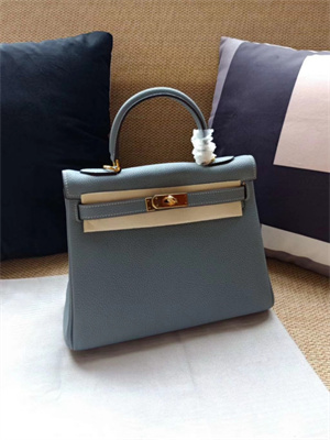 Kelly Retourne Bag Calfskin Leather 25/28CM Gold/Silver Hardware In Bleu Lin Color