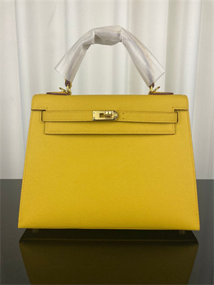 Kelly Sellier Bag Epsom Leather 25/28CM Gold/Silver Hardware In Jaune Amber Color HS