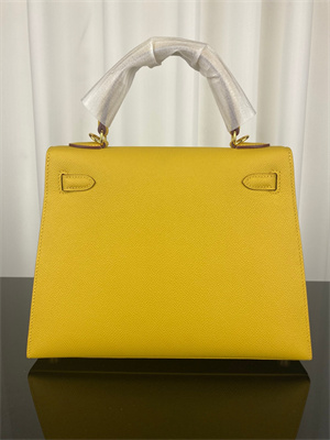 Kelly Sellier Bag Epsom Leather 25/28CM Gold/Silver Hardware In Jaune Amber Color HS