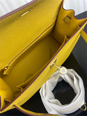 Kelly Sellier Bag Epsom Leather 25/28CM Gold/Silver Hardware In Jaune Amber Color HS
