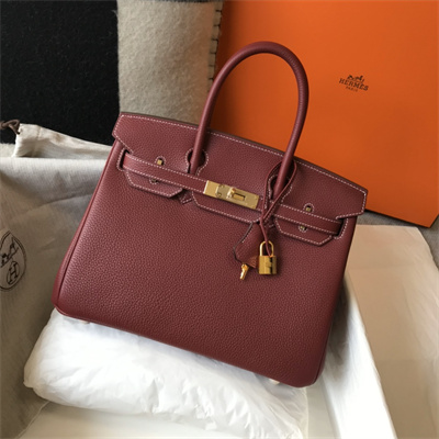 Bir.kin Bag Calfskin Leather 25/30/35CM Gold/Silver Hardware In Bordeaux Color