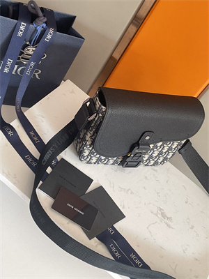 Di.or Small Saddle Messenger Bag With Flap Beige and Black Oblique Jacquard With Black Grained Calfskin