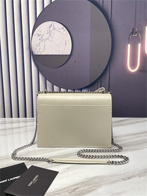 Y.S.L Sunset MEDIUM Bag In Smooth Leather Silver Tone Metal White Color