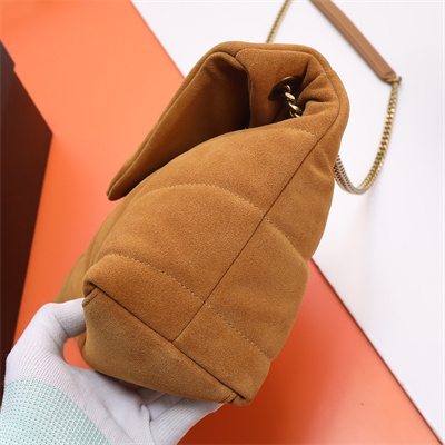 Y.S.L PUFFER SMALL In Suede Leather Gold Tone Metal Caramel Color