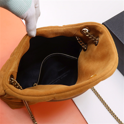 Y.S.L PUFFER SMALL In Suede Leather Gold Tone Metal Caramel Color