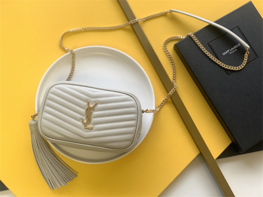 Y.S.L MINI LOU In White Quilted Grain De Poudre Embossed Leather  Gold Tone Metal