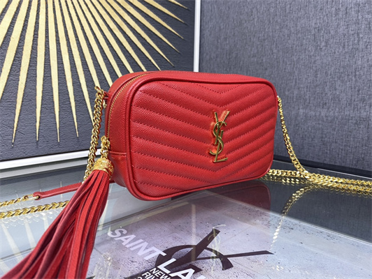 Y.S.L MINI LOU In Red Quilted Grain De Poudre Embossed Leather  Gold Tone Metal