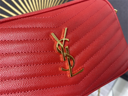 Y.S.L MINI LOU In Red Quilted Grain De Poudre Embossed Leather  Gold Tone Metal