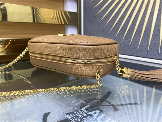 Y.S.L MINI LOU In Dk Beige Quilted Grain De Poudre Embossed Leather Gold Tone Metal