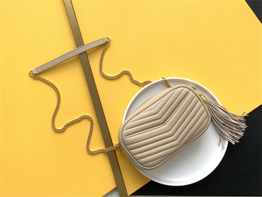 Y.S.L MINI LOU In Beige Quilted Grain De Poudre Embossed Leather  Gold Tone Metal