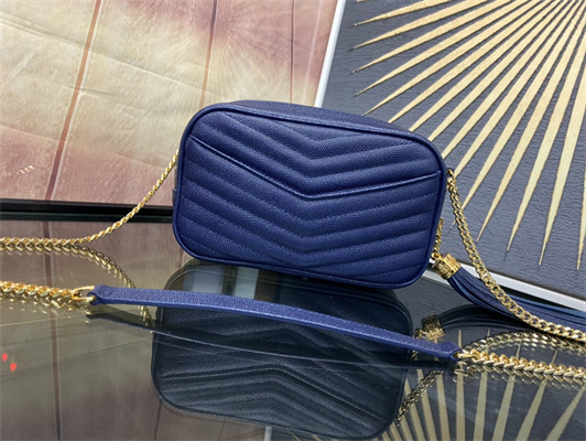 Y.S.L MINI LOU In Dk Blue Quilted Grain De Poudre Embossed Leather  Gold Tone Metal
