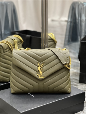 Y.S.L LOULOU MEDIUM In Green Quilted Calfskin Leather Gold Tone Metal