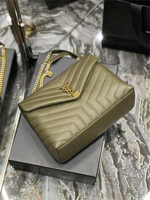 Y.S.L LOULOU MEDIUM In Green Quilted Calfskin Leather Gold Tone Metal