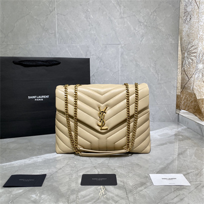 Y.S.L LOULOU MEDIUM In Beige Quilted Calfskin Leather Gold Tone Metal