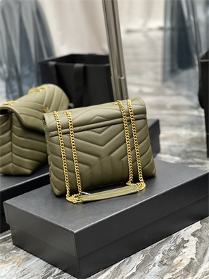 Y.S.L LOULOU SMALL In Green Quilted Calfskin Leather Gold Tone Metal