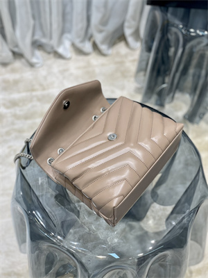 Y.S.L LOULOU SMALL In Dk Beige Quilted Calfskin Leather Silver Tone Metal