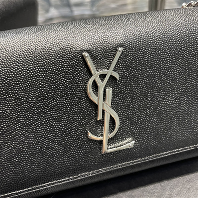 Y.S.L KATE SMALL IN GRAIN DE POUDRE EMBOSSED Leather Silver Tone Metal Black Color