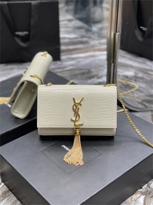 Y.S.L KATE SMALL TASSEL IN CROCODILE EMBOSSED Leather Gold Tone Metal White Color