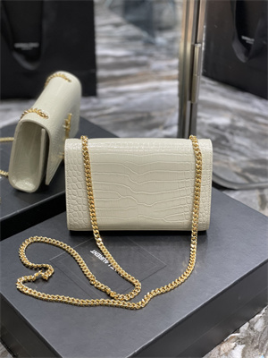 Y.S.L KATE SMALL TASSEL IN CROCODILE EMBOSSED Leather Gold Tone Metal White Color