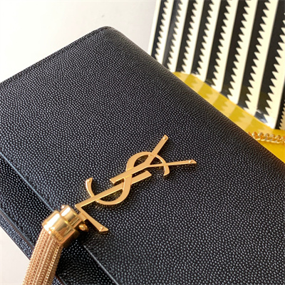 Y.S.L KATE SMALL TASSEL IN GRAIN DE POUDRE EMBOSSED Leather Gold Tone Metal Black Color