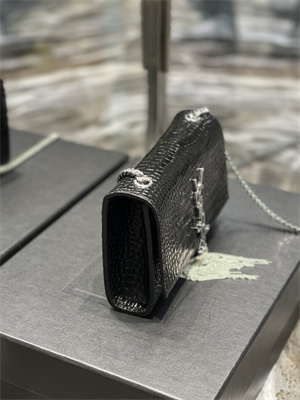 Y.S.L KATE SMALL TASSEL IN CROCODILE EMBOSSED Leather Silver Tone Metal Black Color