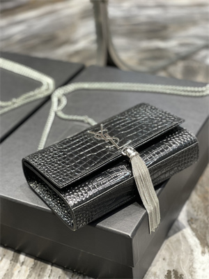 Y.S.L KATE SMALL TASSEL IN CROCODILE EMBOSSED Leather Silver Tone Metal Black Color