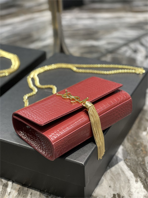 Y.S.L KATE SMALL TASSEL IN CROCODILE EMBOSSED Leather Gold Tone Metal Red Color