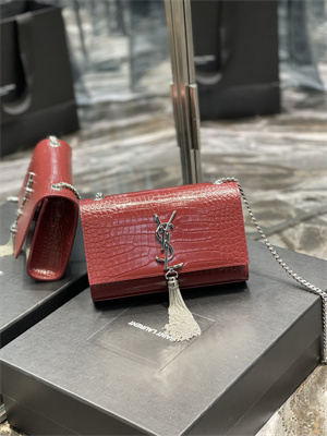 Y.S.L KATE SMALL TASSEL IN CROCODILE EMBOSSED Leather Silver Tone Metal Red Color
