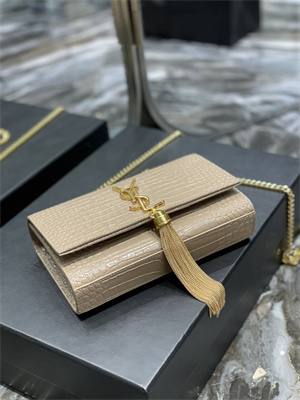 Y.S.L KATE SMALL TASSEL IN CROCODILE EMBOSSED Leather Gold Tone Metal Beige Color