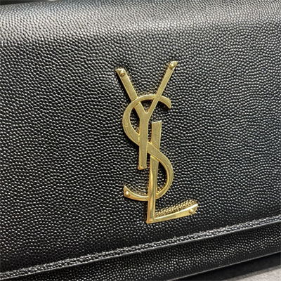 Y.S.L KATE MEDIUM IN GRAIN DE POUDRE EMBOSSED Leather Gold Tone Metal Black Color