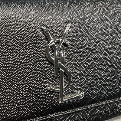 Y.S.L KATE MEDIUM IN GRAIN DE POUDRE EMBOSSED Leather Silver Tone Metal Black Color