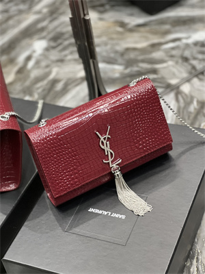 Y.S.L KATE MEDIUM TASSEL IN CROCODILE EMBOSSED Leather Silver Tone Metal Red Color