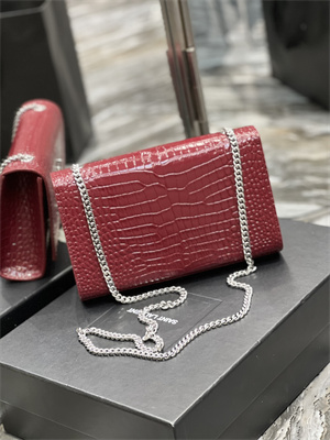 Y.S.L KATE MEDIUM TASSEL IN CROCODILE EMBOSSED Leather Silver Tone Metal Red Color