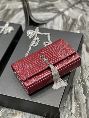 Y.S.L KATE MEDIUM TASSEL IN CROCODILE EMBOSSED Leather Silver Tone Metal Red Color