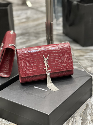 Y.S.L KATE MEDIUM TASSEL IN CROCODILE EMBOSSED Leather Silver Tone Metal Red Color
