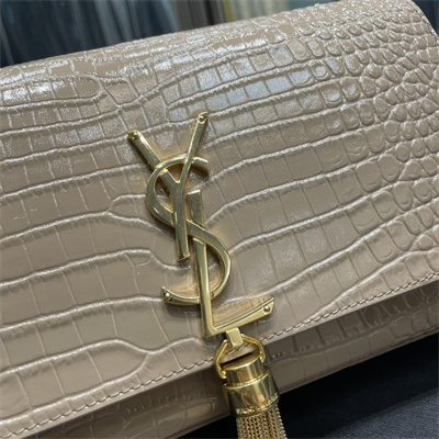 Y.S.L KATE MEDIUM TASSEL IN CROCODILE EMBOSSED Leather Gold Tone Metal Beige Color