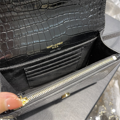 Y.S.L KATE BELT BAG IN CROCODILE EMBOSSED LEATHER Gold Tone Metal Black Color