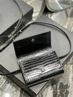 Y.S.L KATE BELT BAG IN CROCODILE EMBOSSED LEATHER Silver Tone Metal Black Color