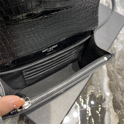 Y.S.L KATE BELT BAG IN CROCODILE EMBOSSED LEATHER Silver Tone Metal Black Color