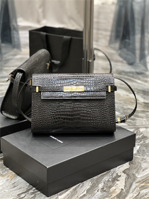Y.S.L MANHATTAN Shoulder Bag In Black Shinny Crocodile Embossed Leather Gold Tone Metal