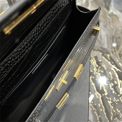 Y.S.L MANHATTAN Shoulder Bag In Black Shinny Crocodile Embossed Leather Gold Tone Metal