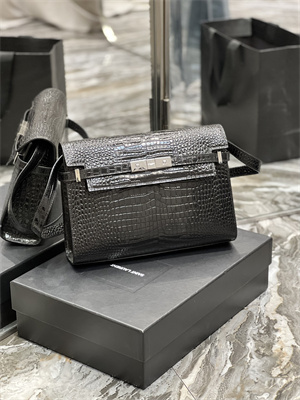 Y.S.L MANHATTAN Shoulder Bag In Black Shinny Crocodile Embossed Leather Silver Tone Metal